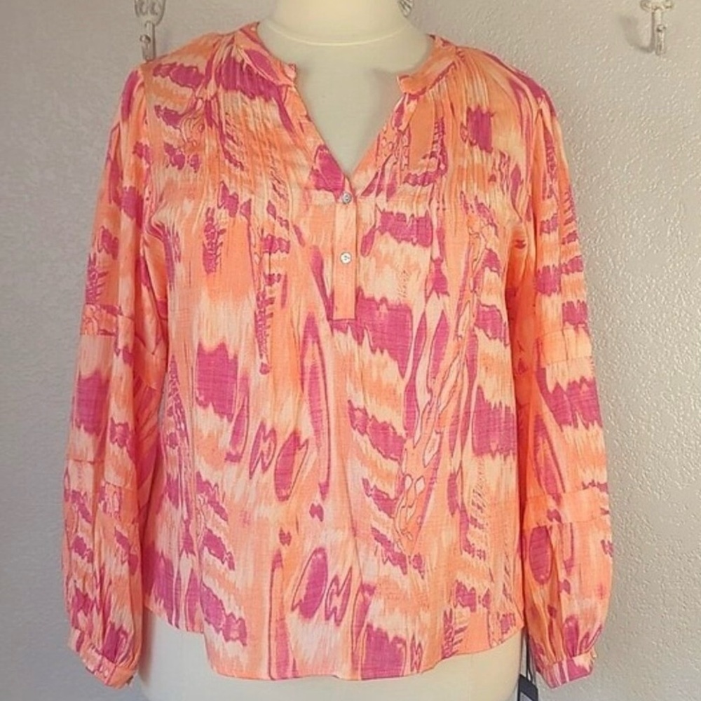 Nicole Miller Size 2X Blouse Long Sleeve split Neck 1/4 Button Down Coral & Pink